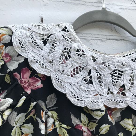 Vintage 1990's Black Floral Maxi Dress Lace Collar - Picture 7 of 8